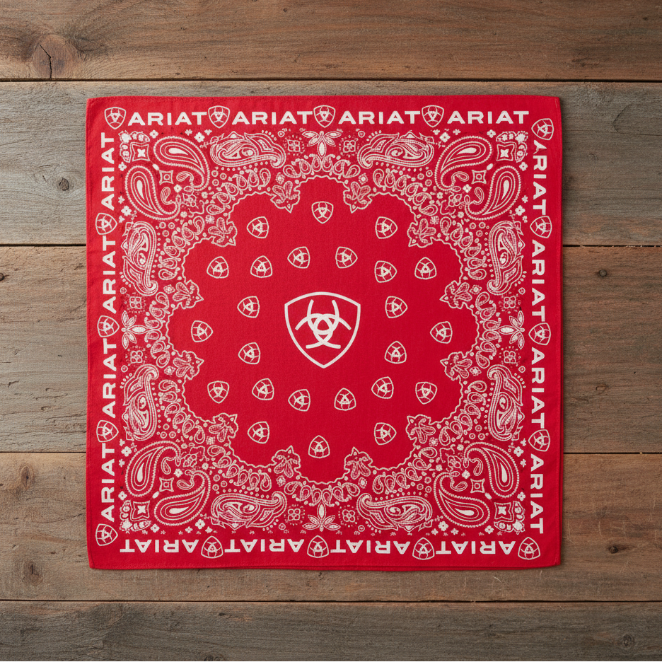 Image of A red Ariat bandana with a white paisley pattern and central biohazard-style logo, shown alongside folded black and pink versions of the same bandana on a light beige background.