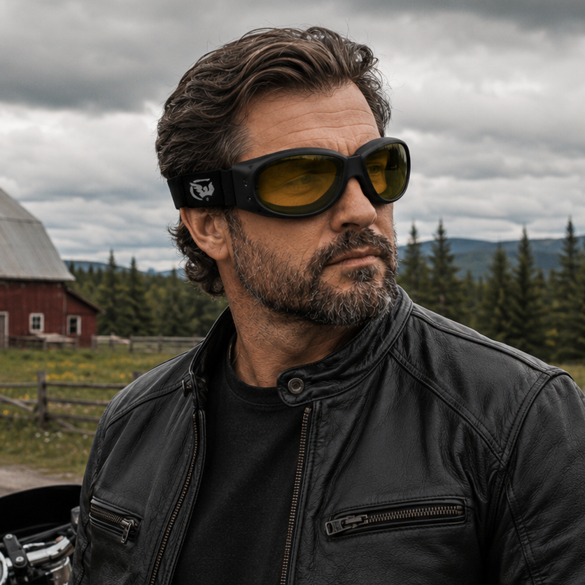 Image of Man in a black leather jacket and sunglasses standing next to a motorcycle with a red barn and forest in the background.
