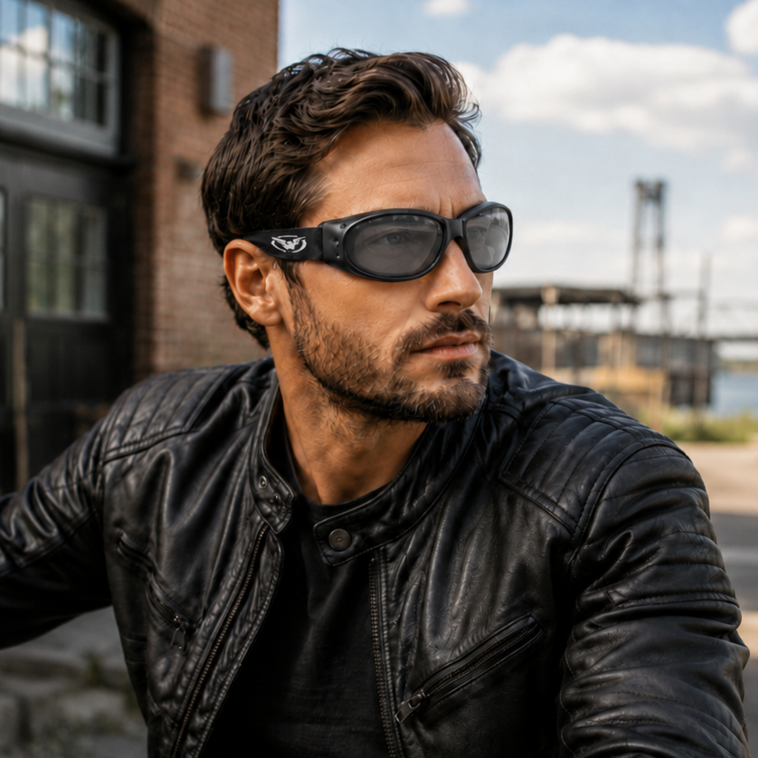 Image of Man wearing sunglasses and a black leather jacket outdoors
