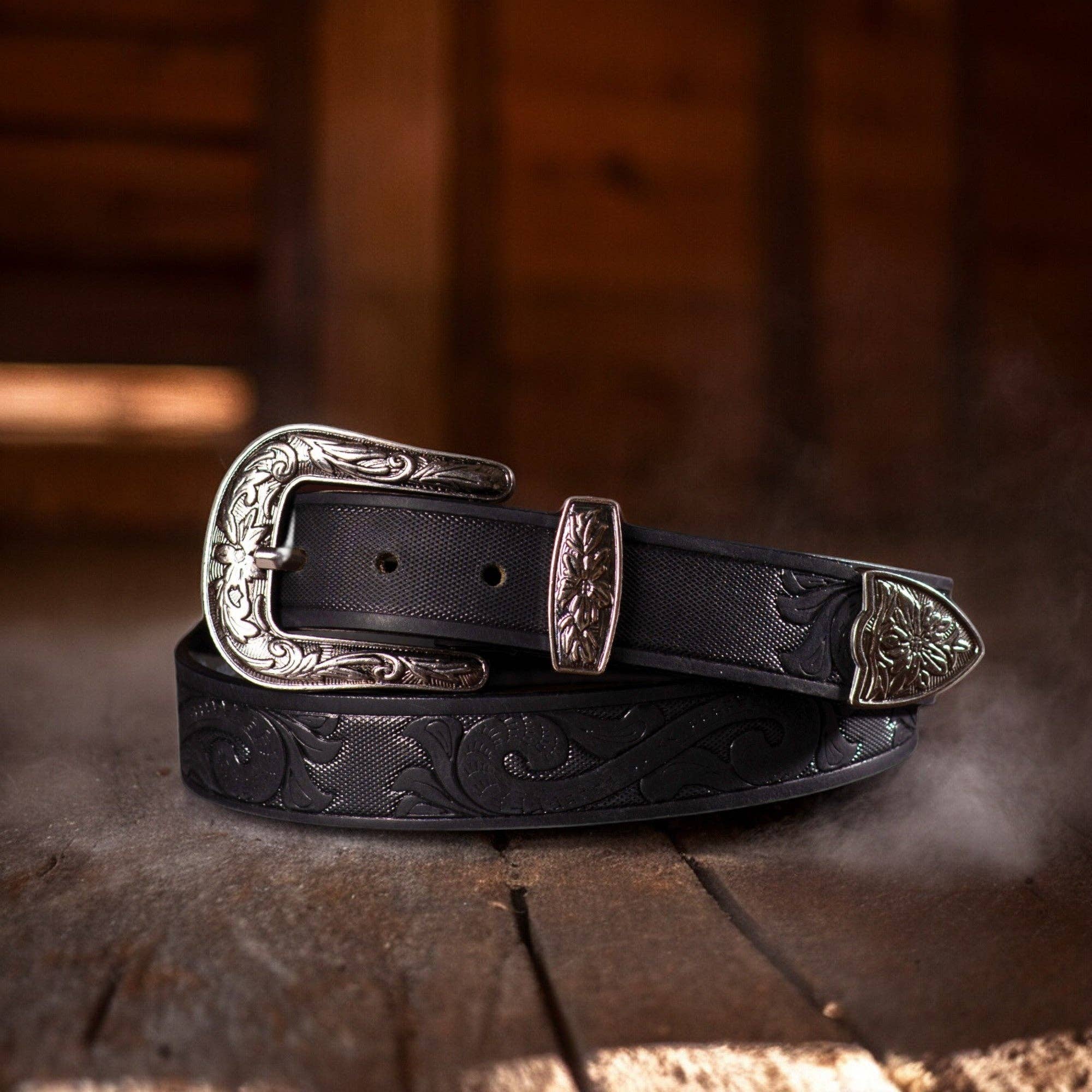 Image of Western Tooled Leather Belt with Silver Buckle