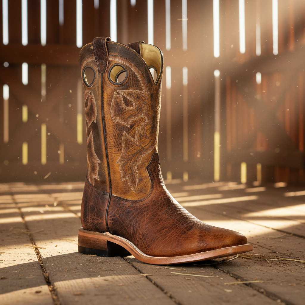 Image of Brown cowboy boot with intricate designs on a wooden floor