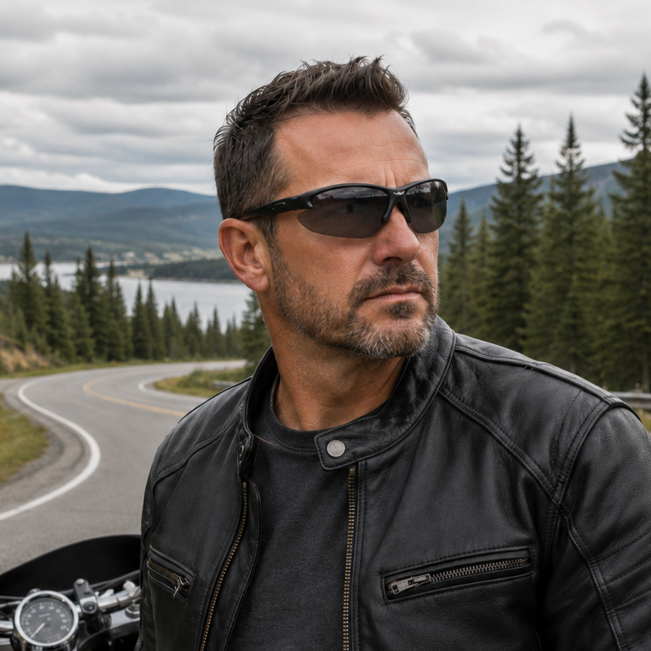 Image of Man in a black leather jacket and sunglasses sitting on a motorcycle with a scenic background of trees and water.
