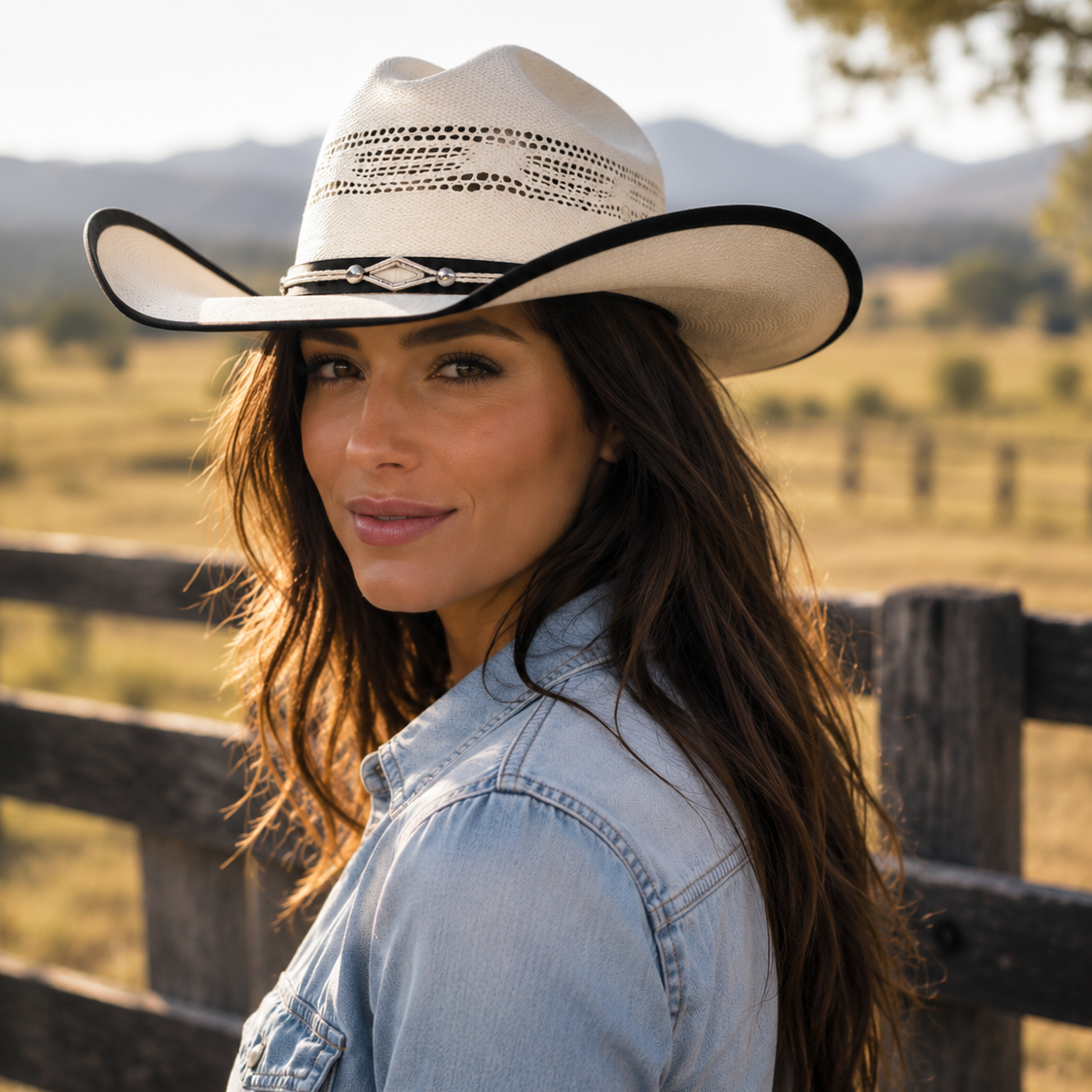 Image of Chapeau western en paille Bangora beige avec bordure noire et bandeau en cuir