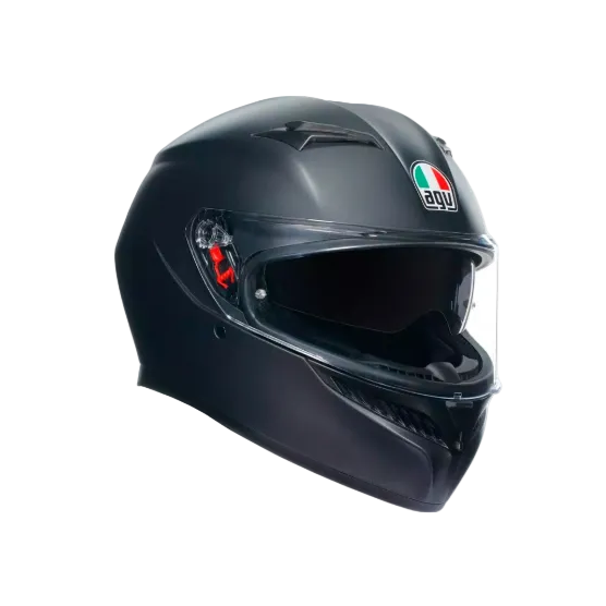Image of Black motorcycle helmet with a visible brand logo on a white background