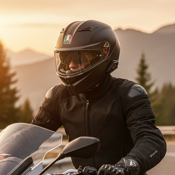 Image of Person on a motorcycle with a helmet in a scenic setting with mountains and trees.