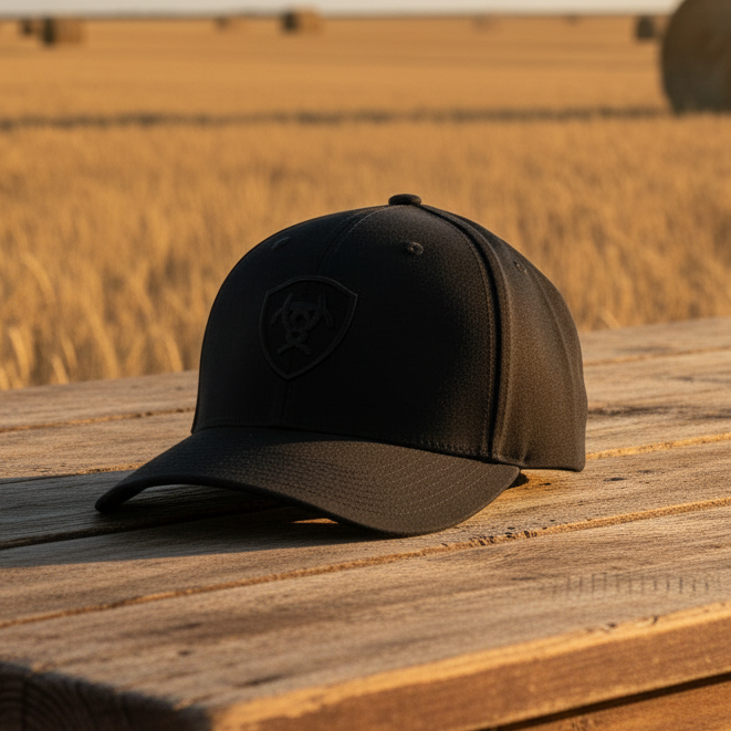 Image of Black cap with a tonal embroidered ARIAT shield logo on the front, shown against a textured beige background with partial neighboring products and numbers visible at the bottom.