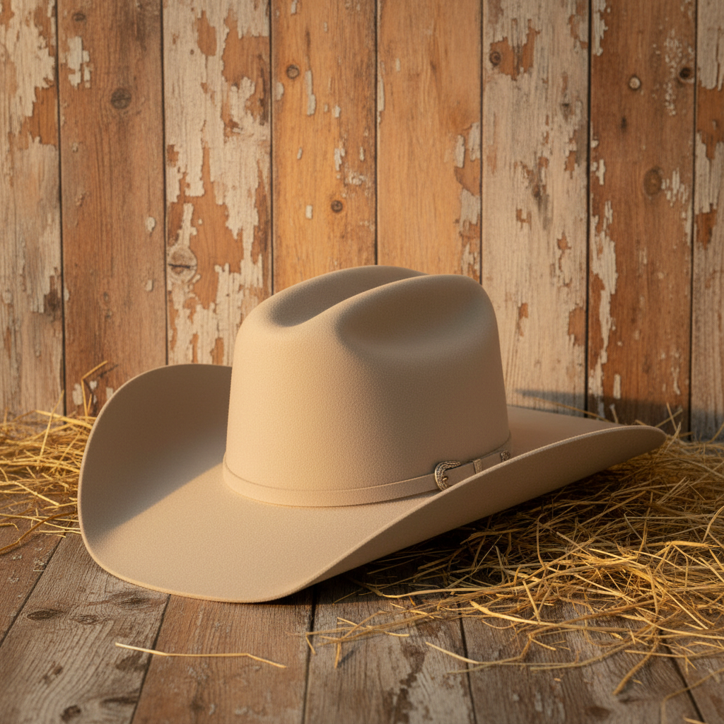 Image of A western-style cowboy hat in a light beige/silver wool blend, shown with a product information label overlay detailing specifications like 'Silver Belly' and buckle set details.