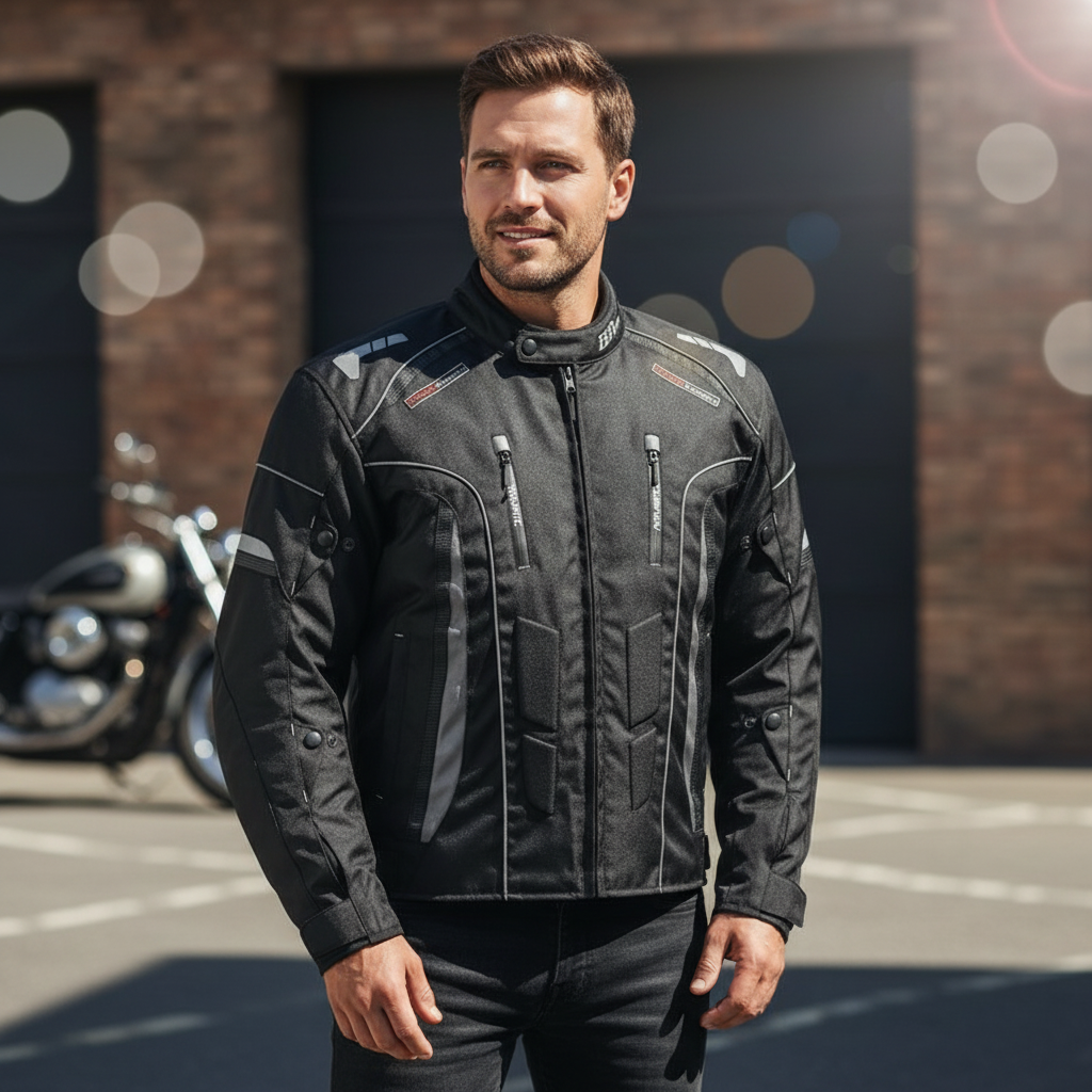 Image of Man wearing a black motorcycle jacket standing in front of a motorcycle.