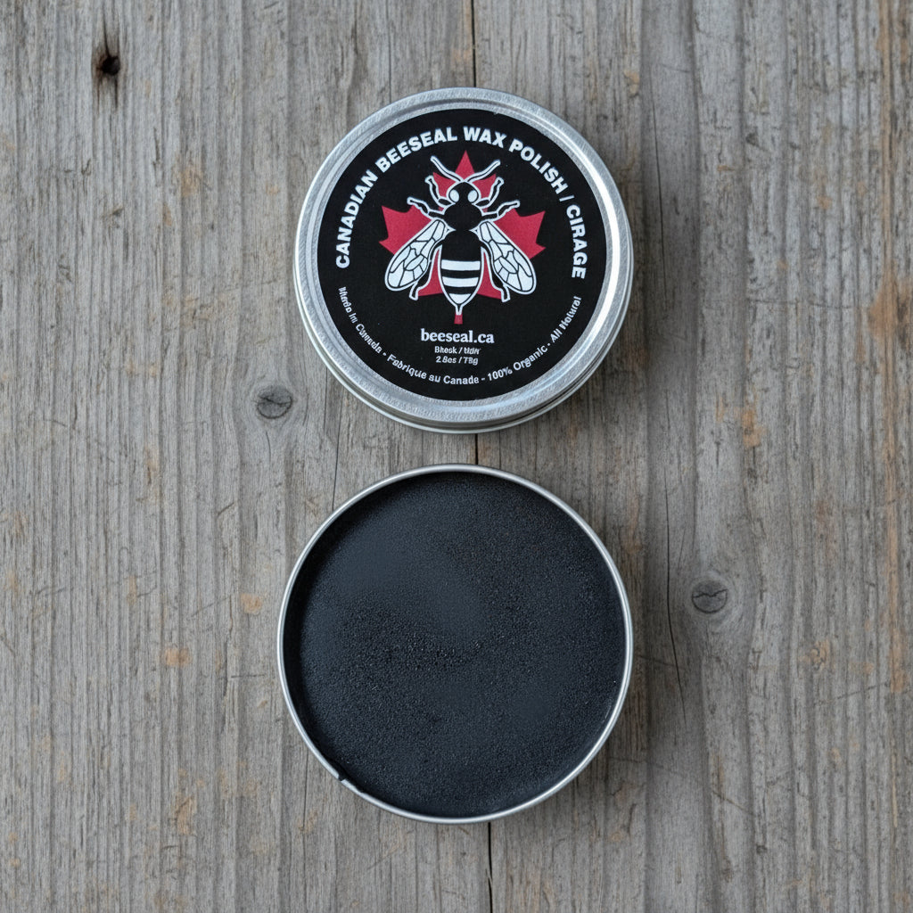 Image of Canadian Beeswax Wax Polish container with black wax inside on a white background
