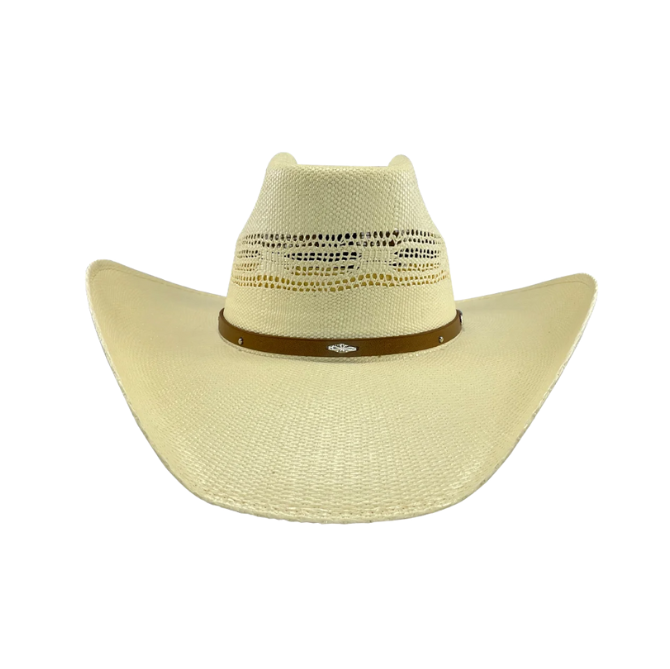 Image of Beige cowboy hat with a brown band on a white background