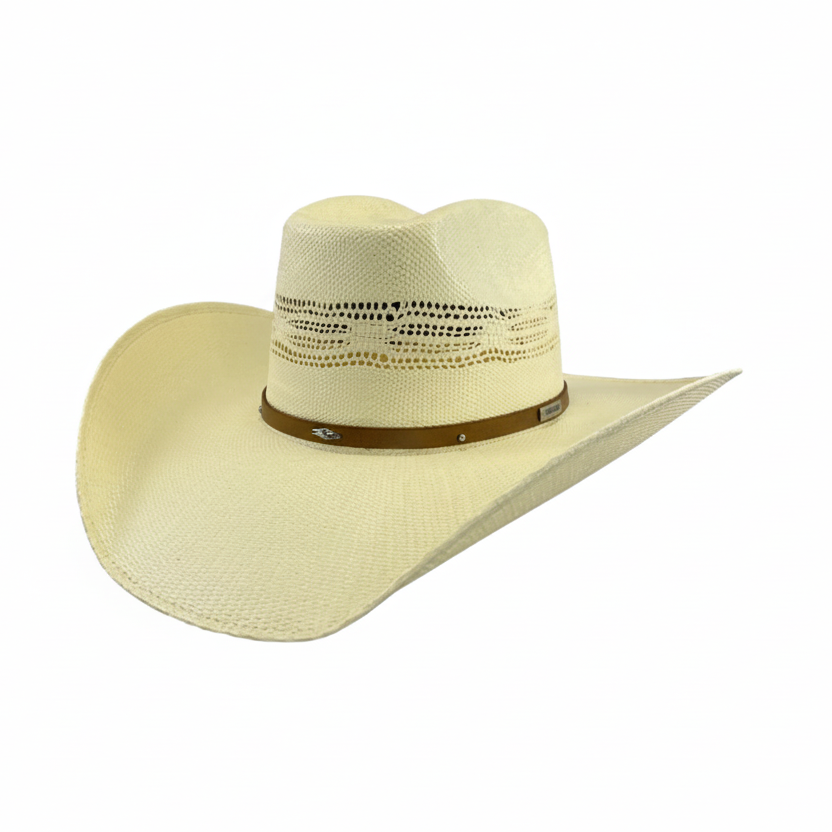 Image of Beige cowboy hat with a brown band on a white background