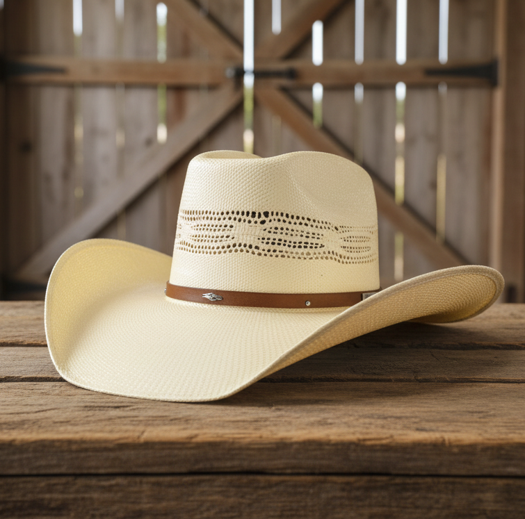 Image of Beige cowboy hat with a brown band on a wooden surface, wooden background
