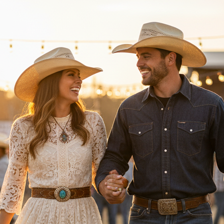 Image of Man and woman in cowboy hats smiling at each other outdoors with a warm glow.