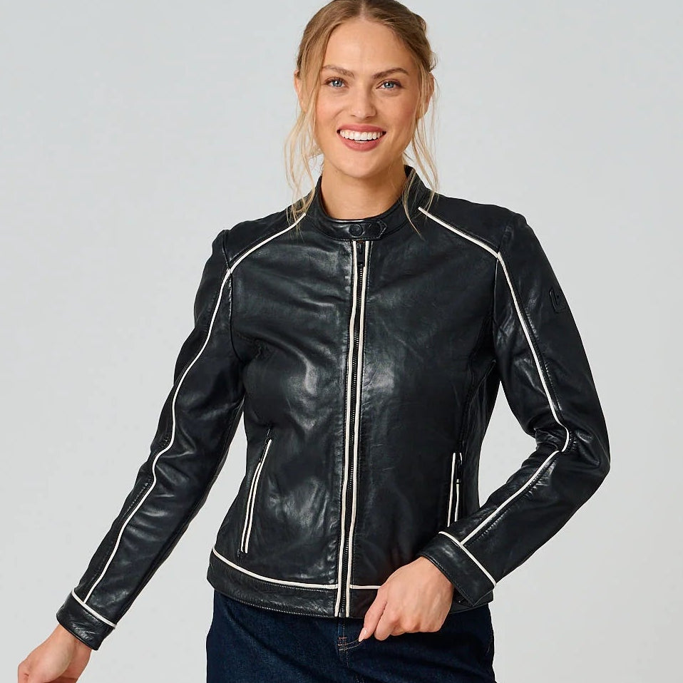 Image of Black leather jacket with contrast piping and a fitted silhouette, styled for a sleek and modern edge.