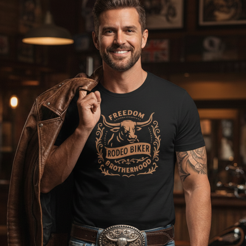 Image of Man wearing a black t-shirt with 'Freedom Rodeo Biker Brotherhood' design in a bar setting.
