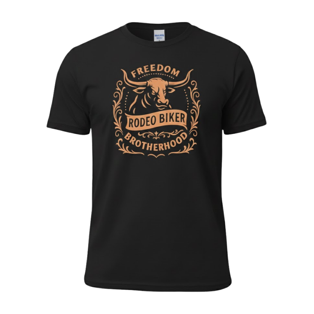 Image of Black t-shirt with 'Freedom Rodeo Biker Brotherhood' design on a white background