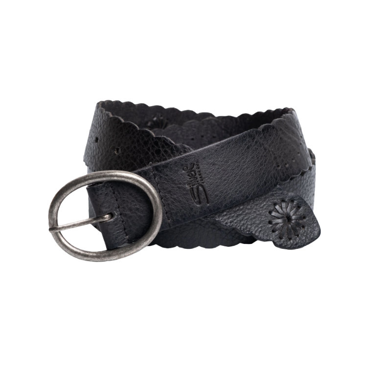 Image of Black belt with floral details and a silver buckle on a white background