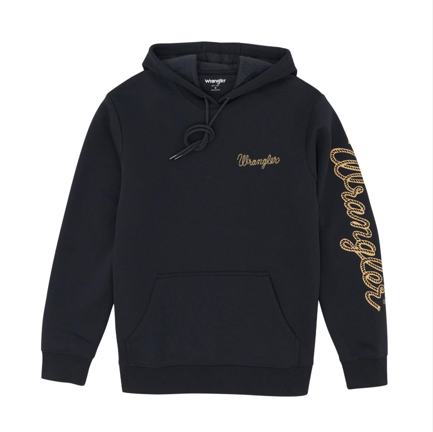 Image of Black hoodie with gold 'Wrangler' branding on a white background