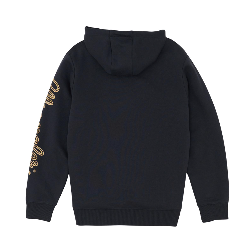 Image of Black hoodie with gold text on sleeve against a white background