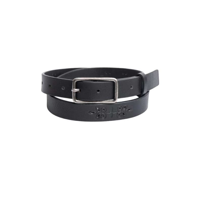 Image of Black leather belt with silver buckle on a white background