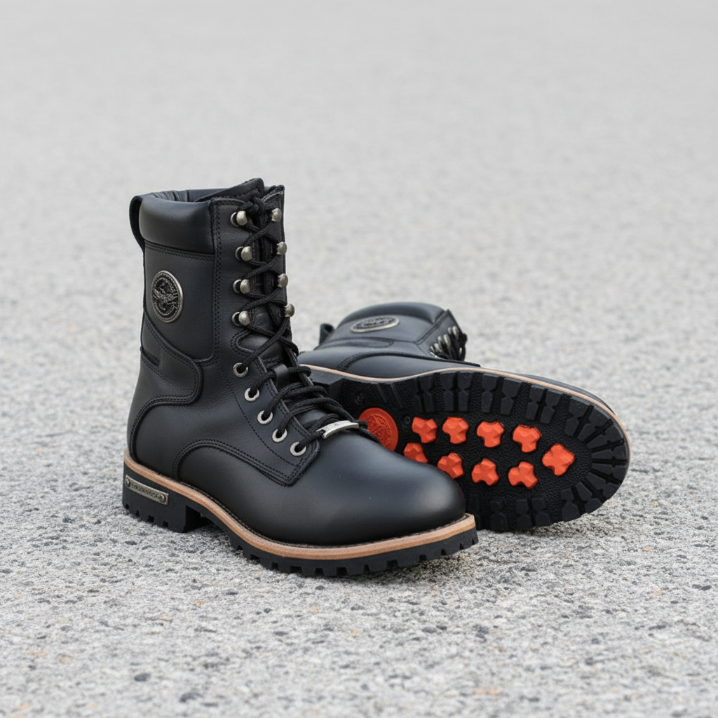 Image of Black leather boots with orange sole on a gray surface