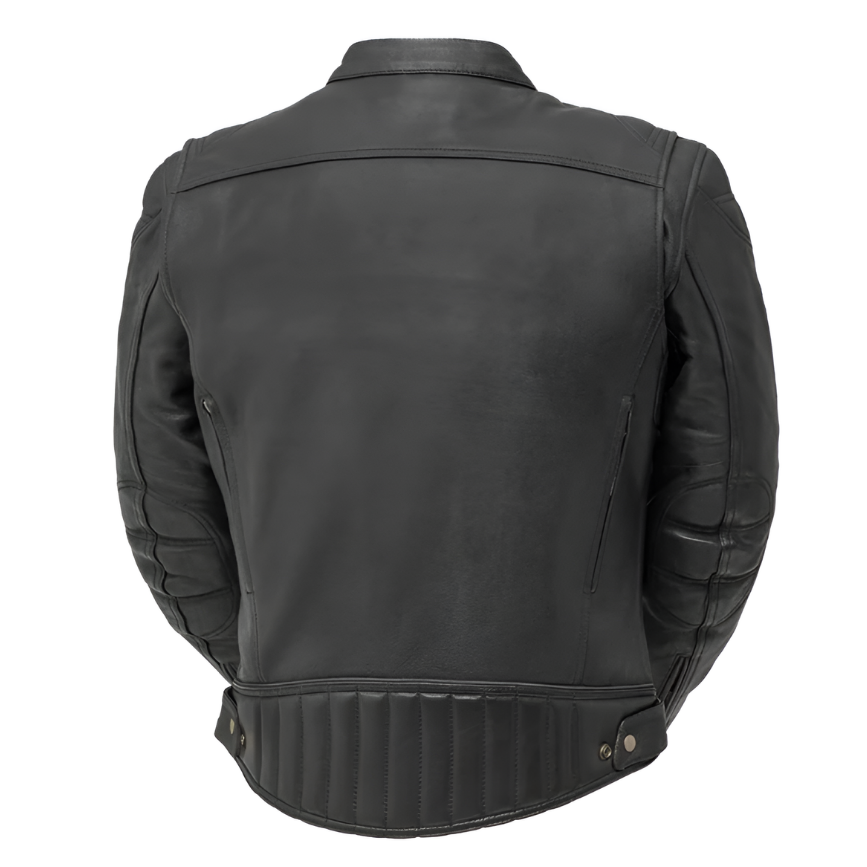 Image of Black leather jacket on a white background