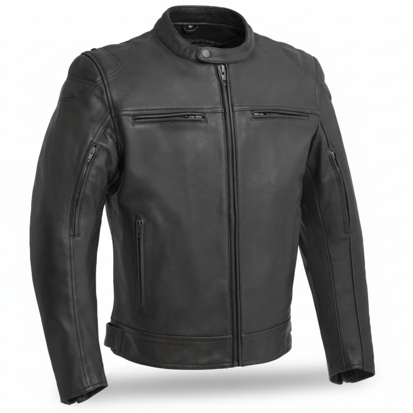 Image of Black leather jacket on a white background