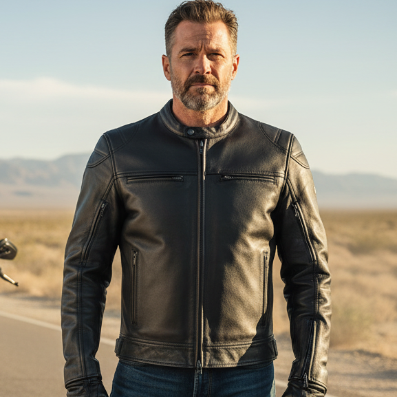 Image of Black leather jacket on a white background