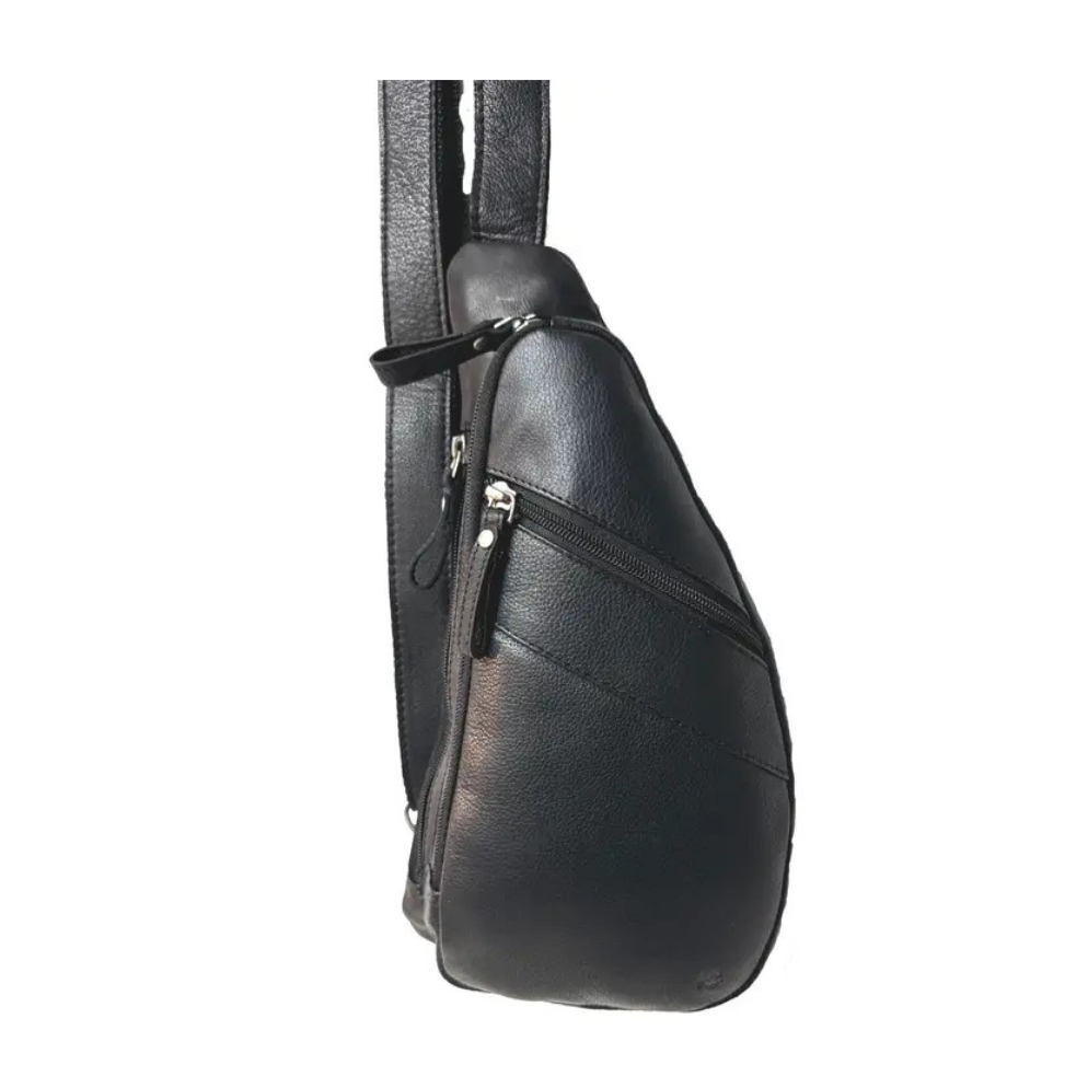 Image of Black leather sling bag on a white background