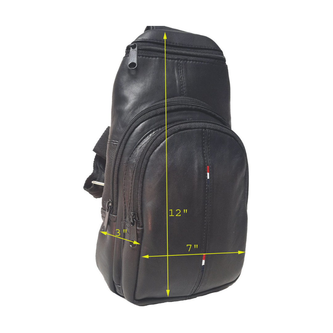 Image of Black sling bag with measurements indicated on a white background