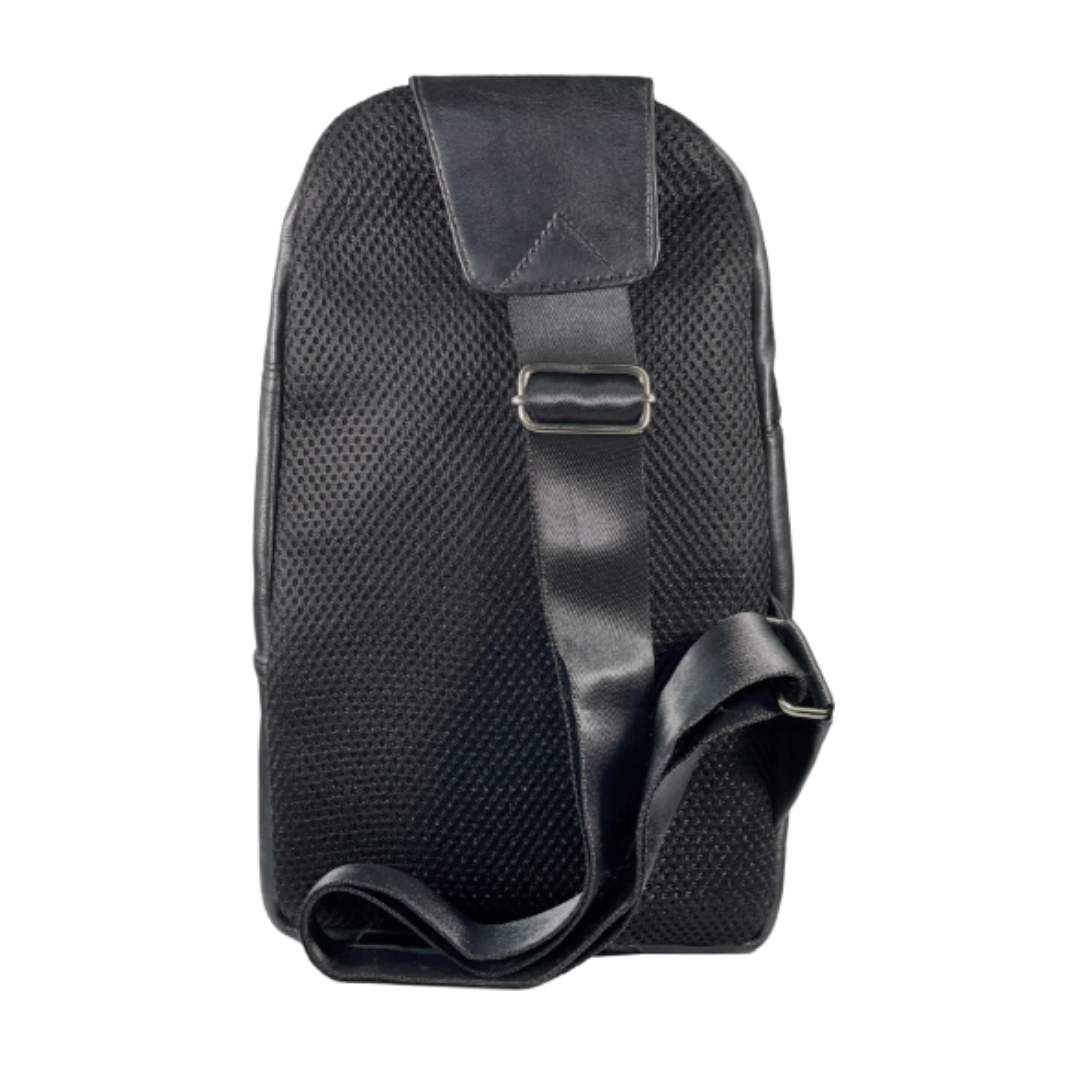 Image of Black backpack with a textured surface on a white background