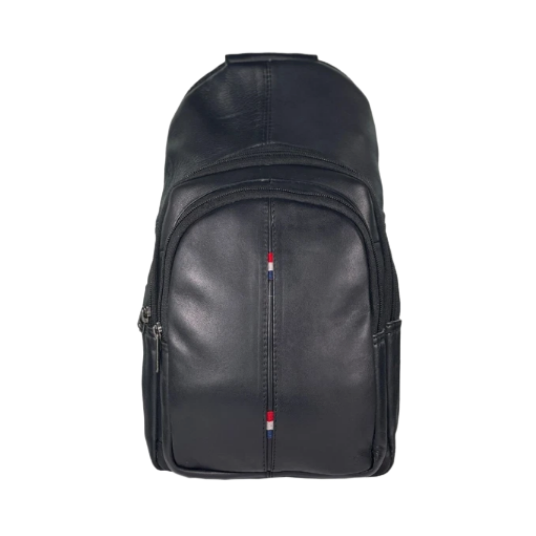 Image of Black leather backpack on a white background