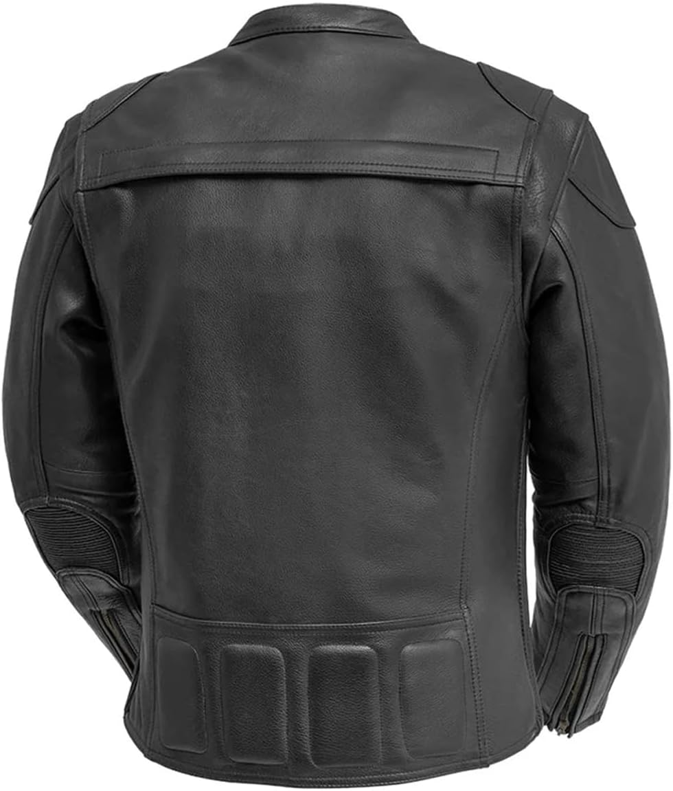 Image of Black leather jacket on a white background