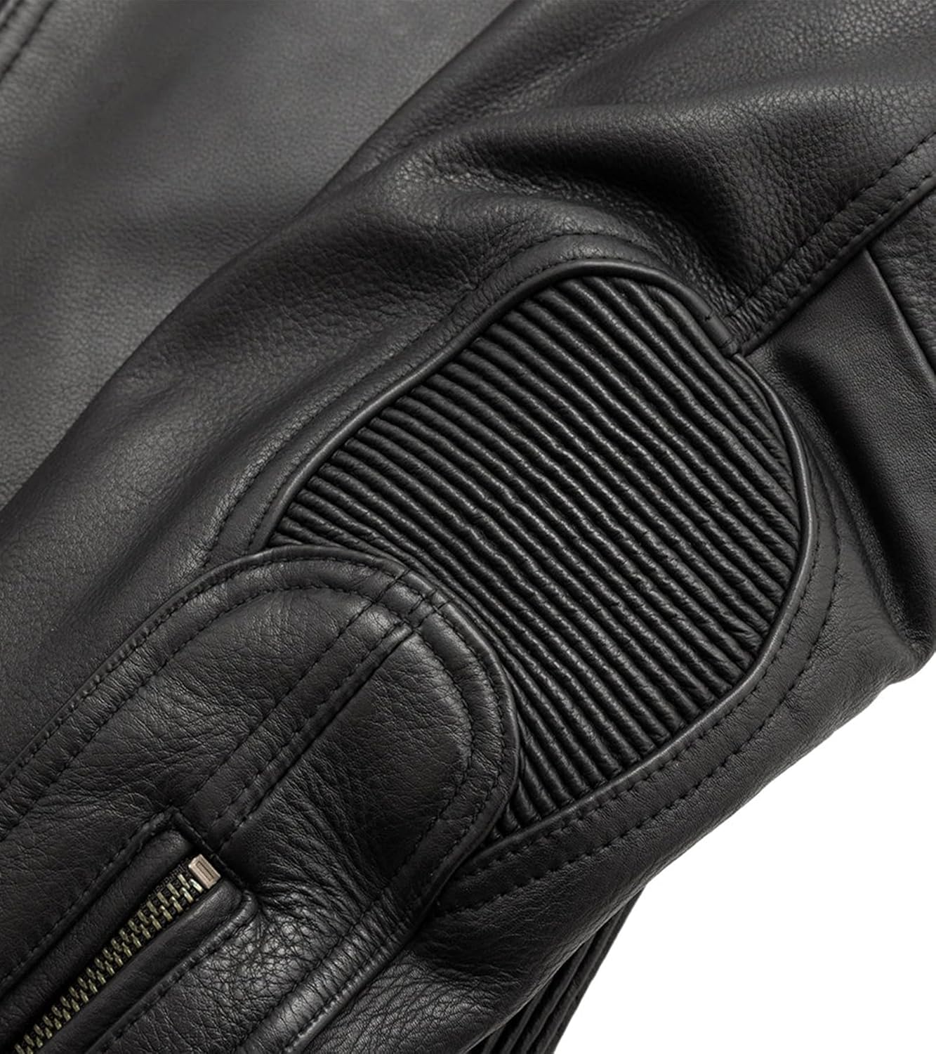 Image of Close-up of a black leather vest with textured arm pad and zipper detail.