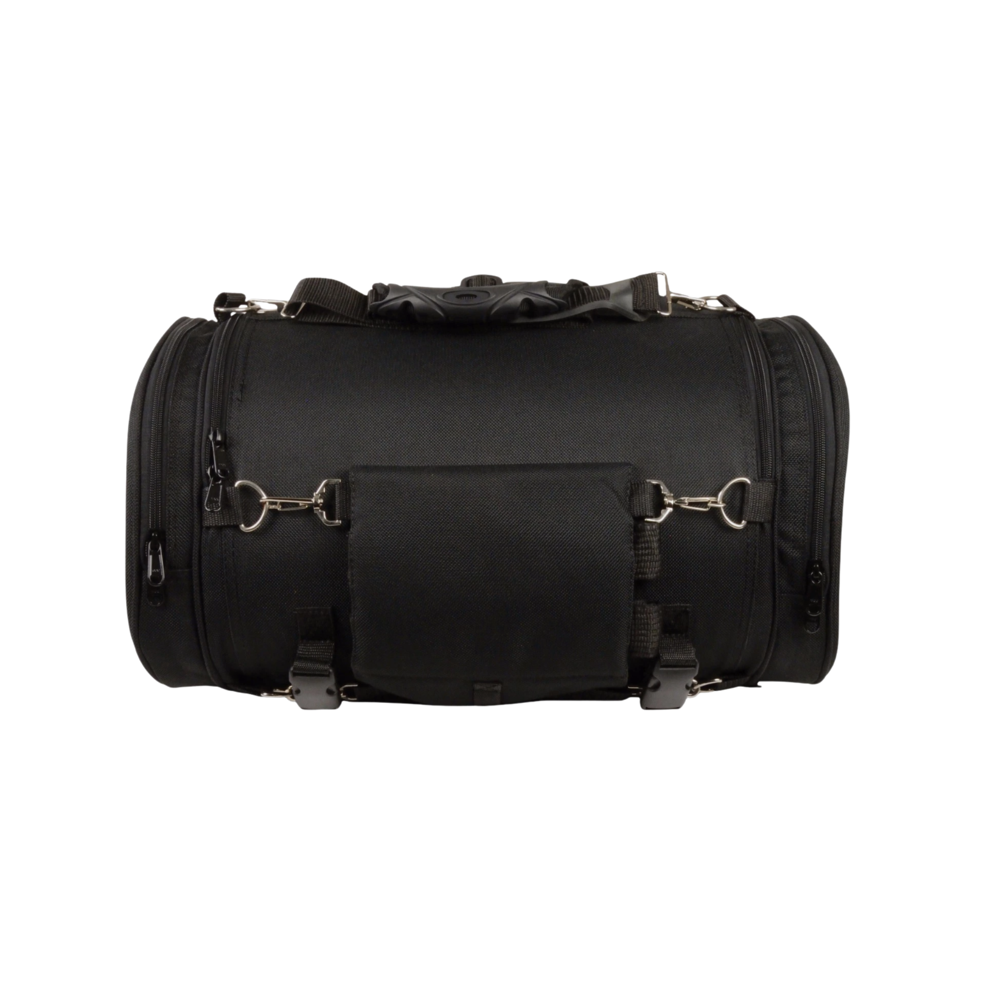 Image of Black motorcycle saddlebag on a white background
