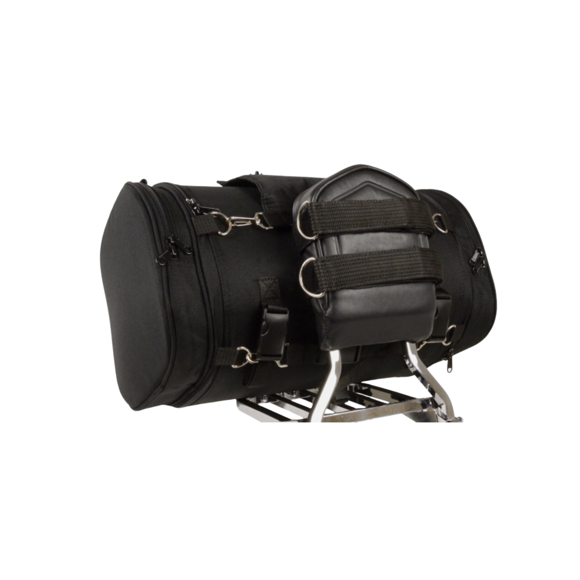 Image of Black motorcycle saddlebag on a white background