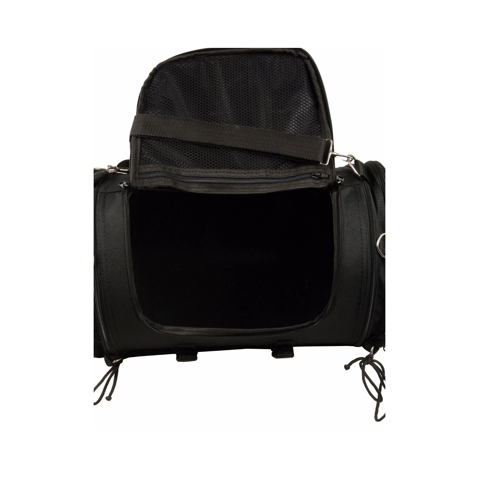 Image of Black motorcycle saddlebag on a white background