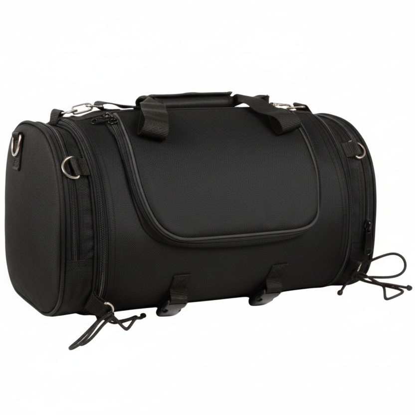Image of Black motorcycle saddlebag on a white background