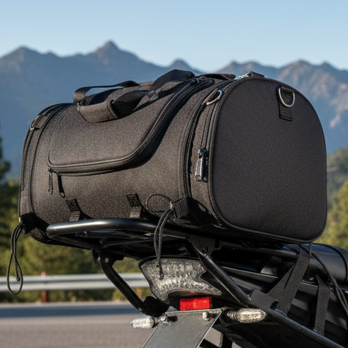 Image of Black motorcycle saddlebag on a bike rack with mountains in the background