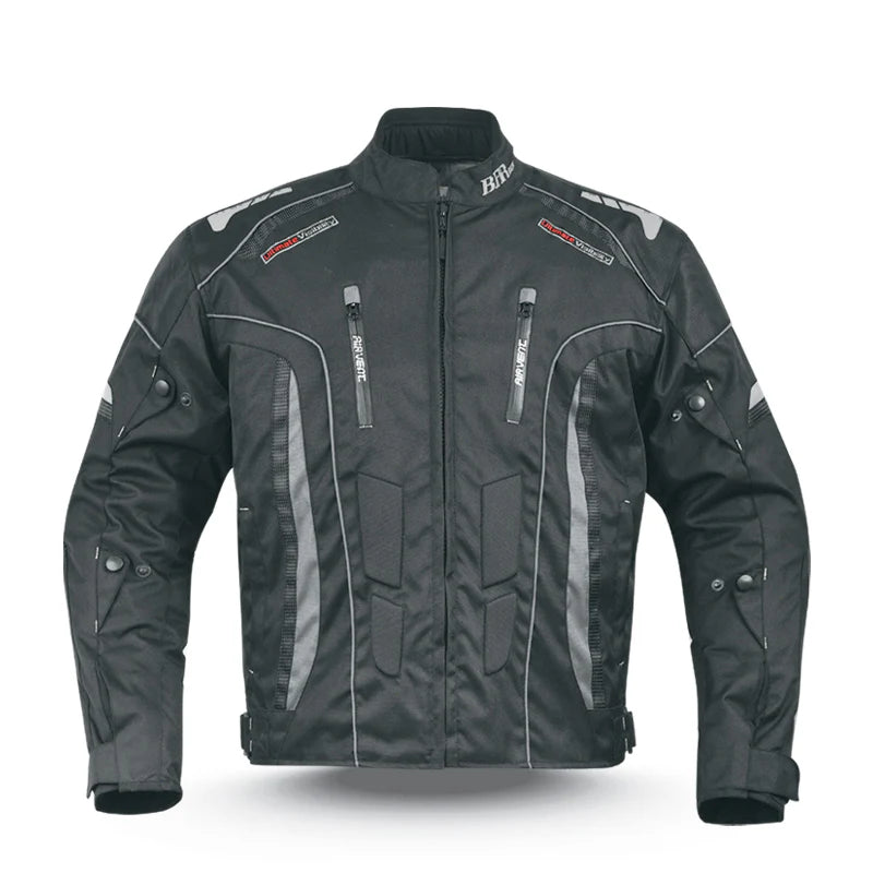 Image of Black motorcycle jacket with gray accents on a white background