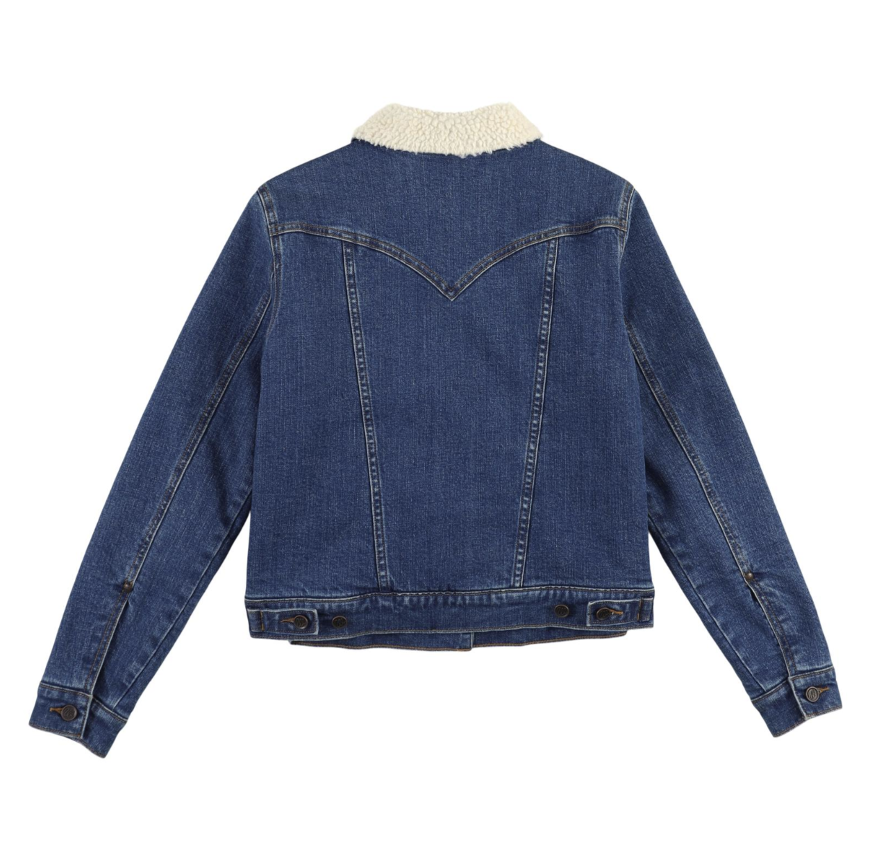 Image of Blue denim jacket with white sherpa lining on a white background