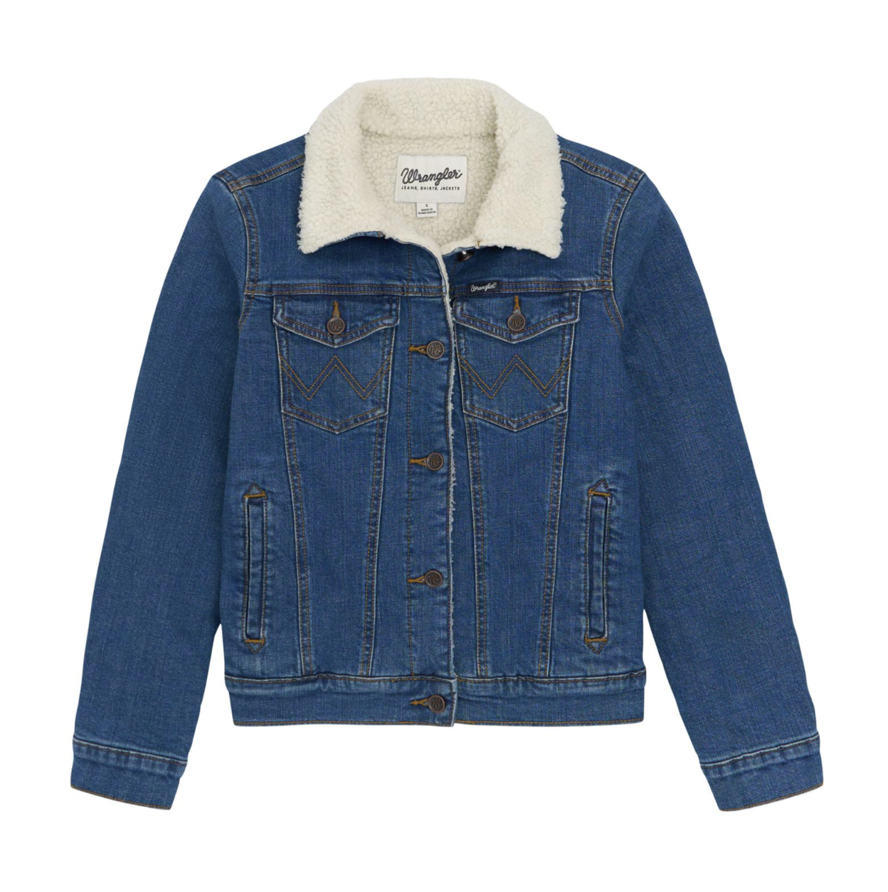 Image of Blue denim jacket with white sherpa lining on a white background