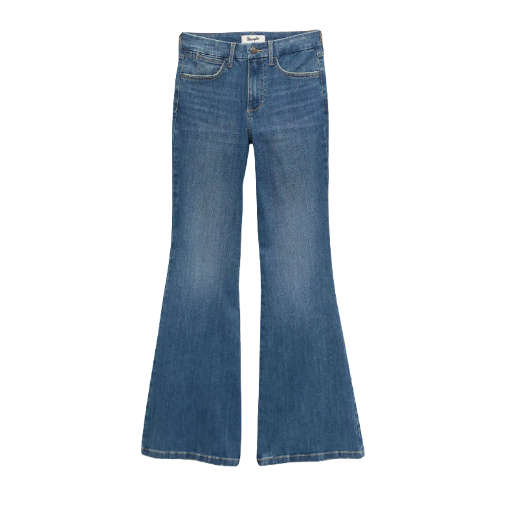 Image of Blue flared jeans on a white background