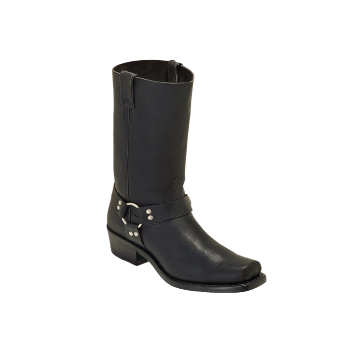 Image of Black leather boot with a buckle on a white background