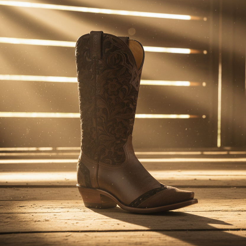 Image of Brown cowboy boot with intricate embossing on a white background