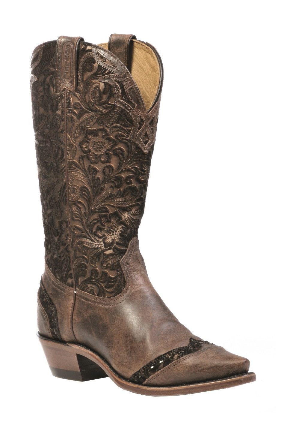 Image of Brown cowboy boot with intricate embossing on a white background