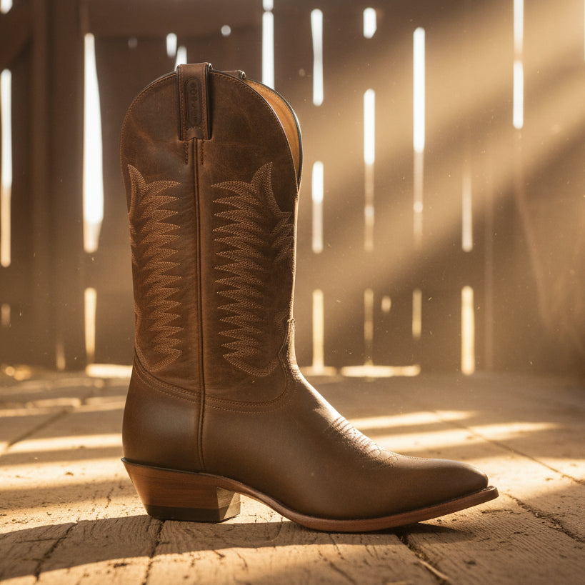 Image of Brown cowboy boot with intricate stitching ina barn