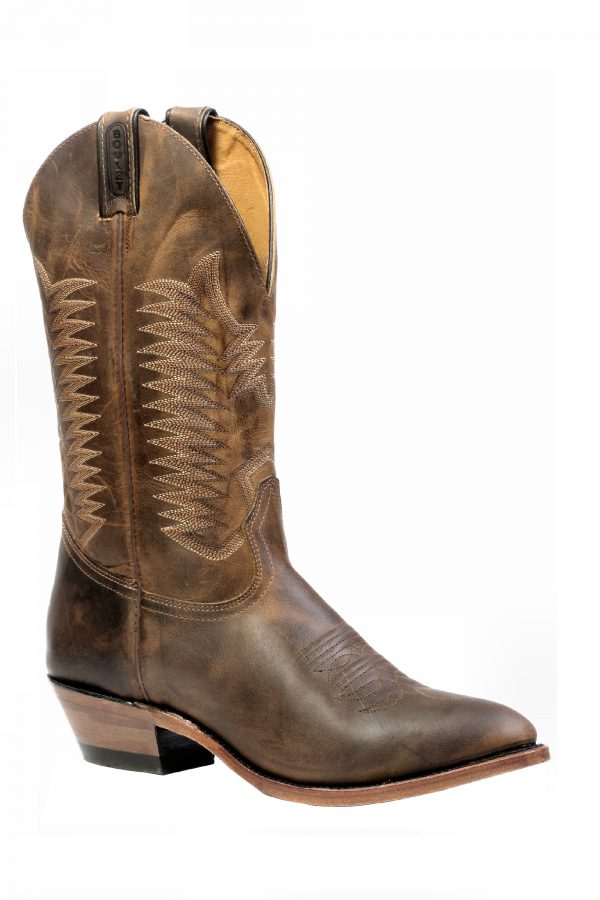 Image of Brown cowboy boot with intricate stitching on a white background