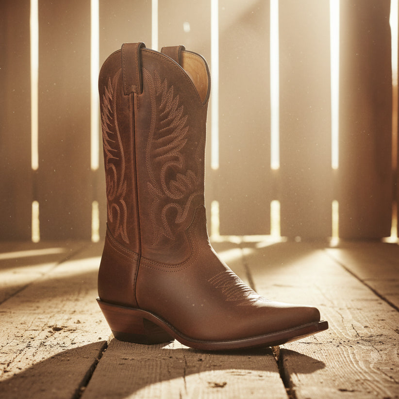 Image of Brown cowboy boot with intricate design in a barn