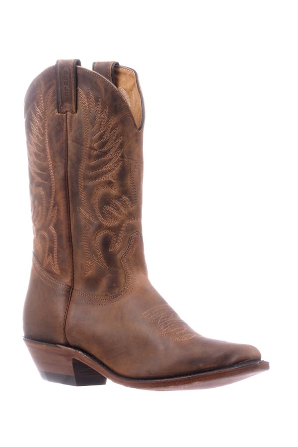 Image of Brown cowboy boot with intricate design on a white background